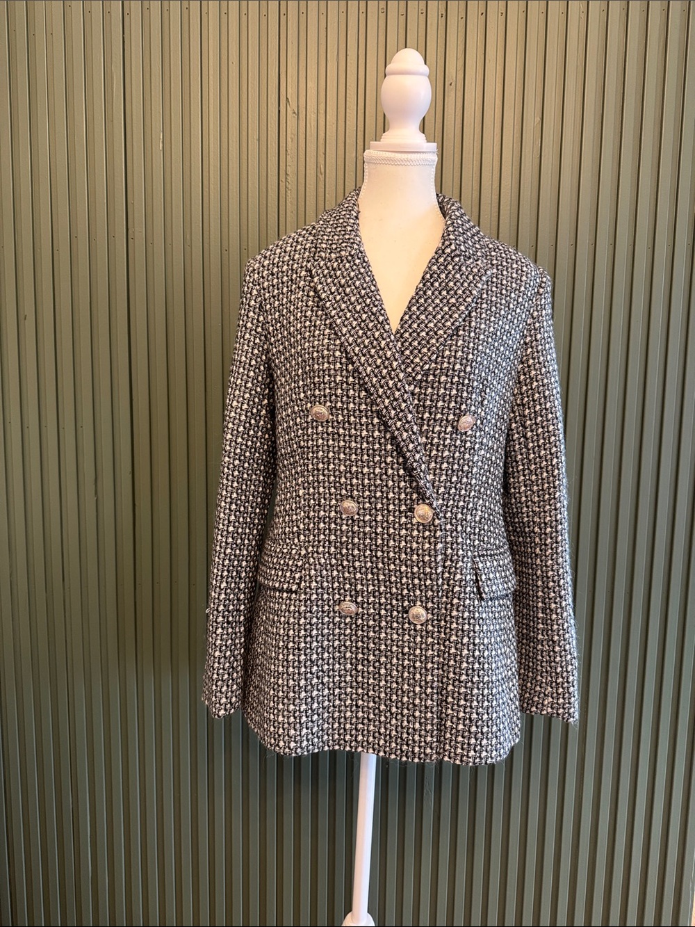 Simons Black and White Double-Breasted Tweed Blazer